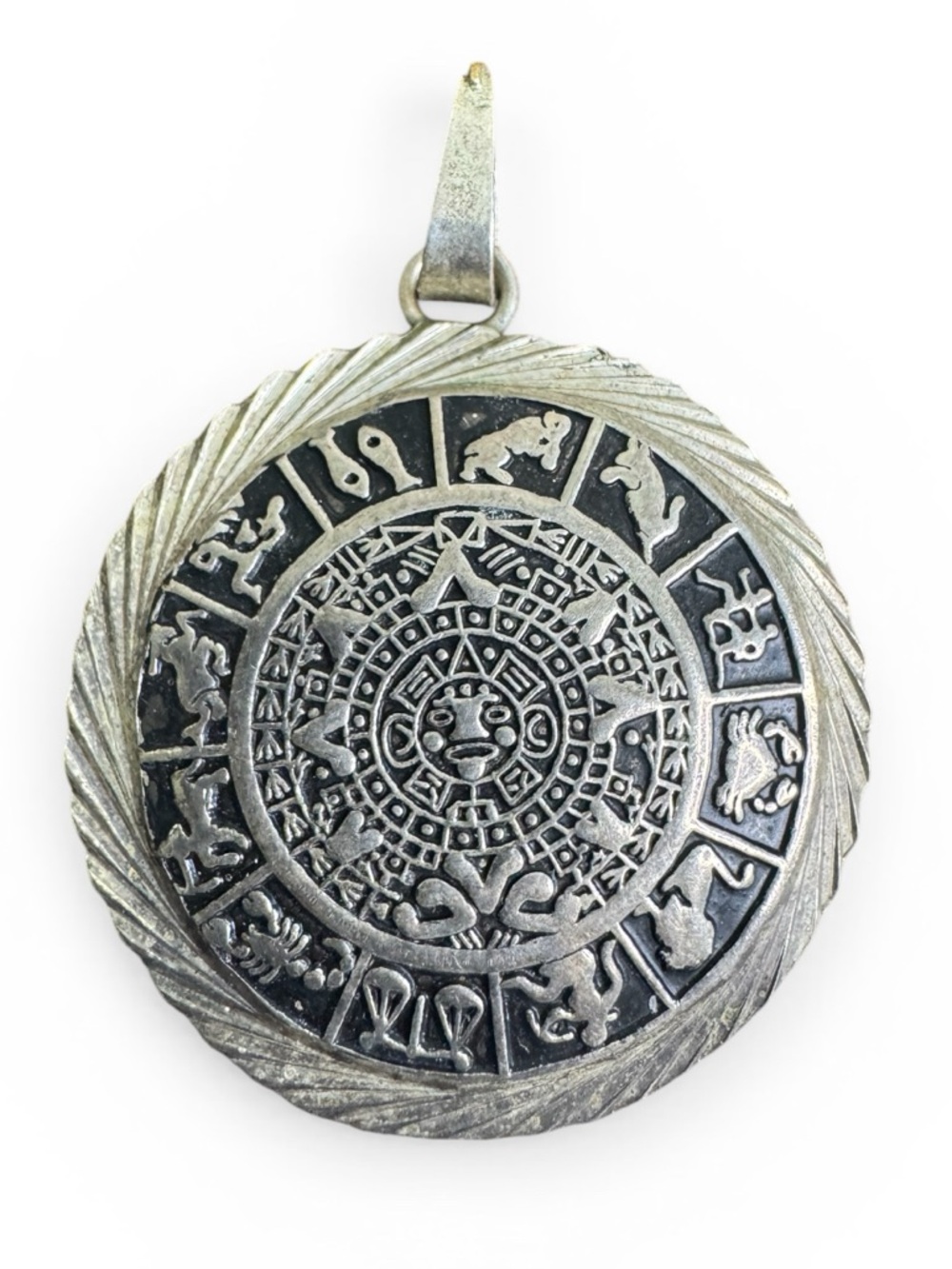 Sterling Silver 925 Aztec Calendar Pendant Oxidized Boho Hippie Modernist